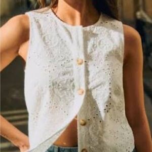 Sezane White Eyelet Sleeveless Blouse, roni